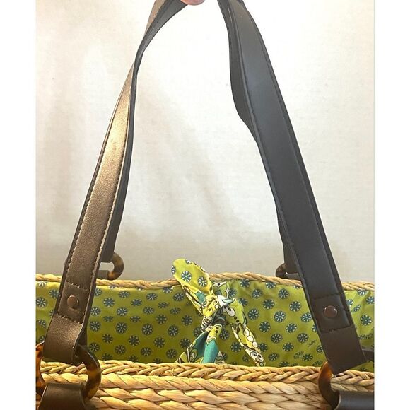 Vera Bradley Peacock Floral Straw Wicker Fabric Tote Bag Blue Green Large - Picture 8 of 11